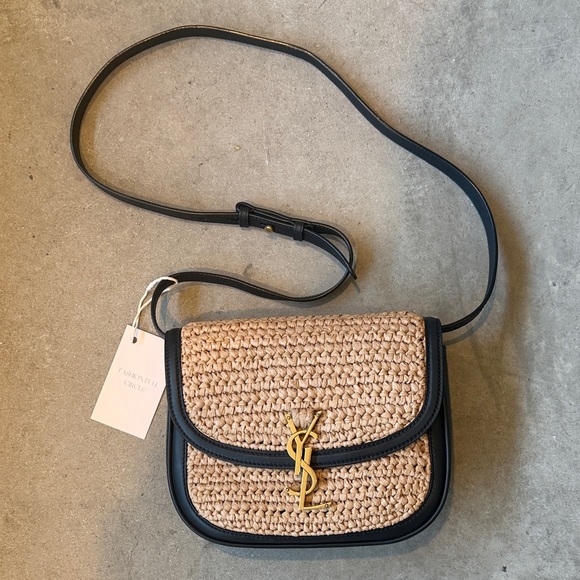 Saint Laurent Handbags - Saint Laurent Straw Crossbody Bag in Natural and Black with Gold YSL